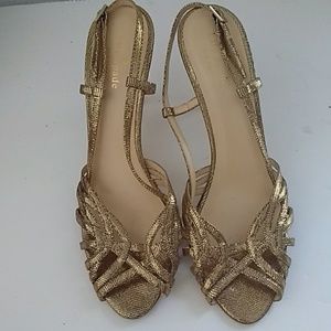 Kate Spade Gold Lame strappy slingbacks stilettos